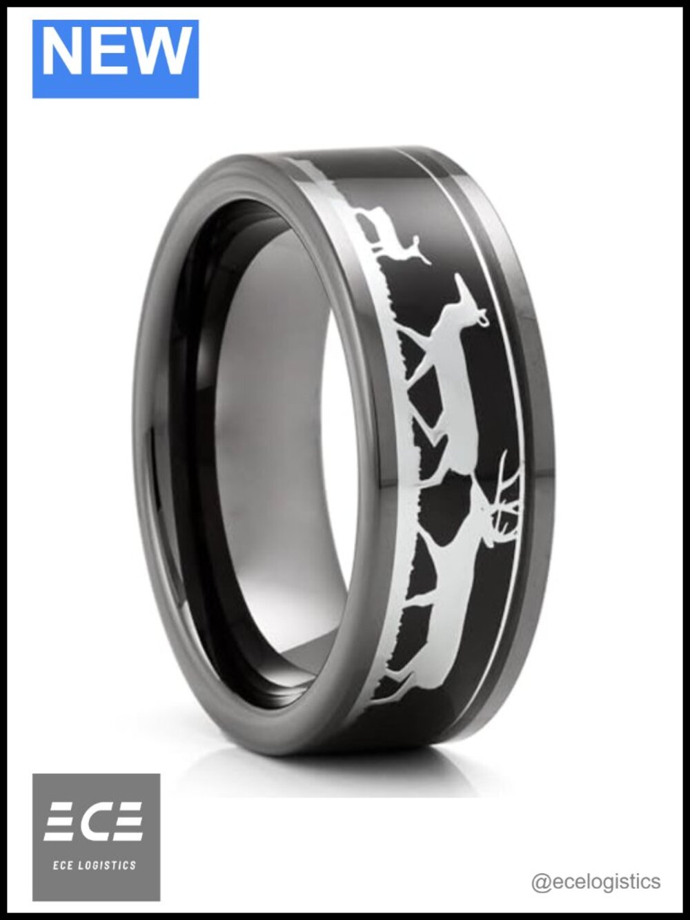 Tungsten Carbide Wedding Ring 8mm Flat Comfort Fit Buck Deer Design